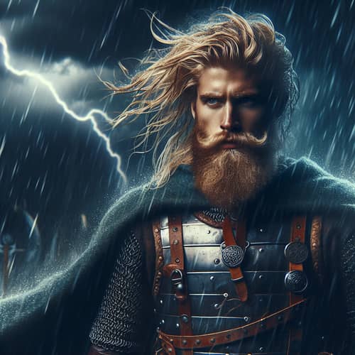 Brave Viking in Nordic Armor Faces Violent Storm
