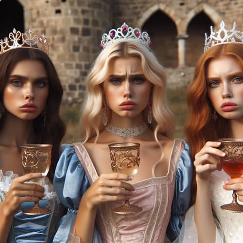 Brunette, Blonde & Redhead Princesses Drinking Sparkling Wine in Ancient Castle