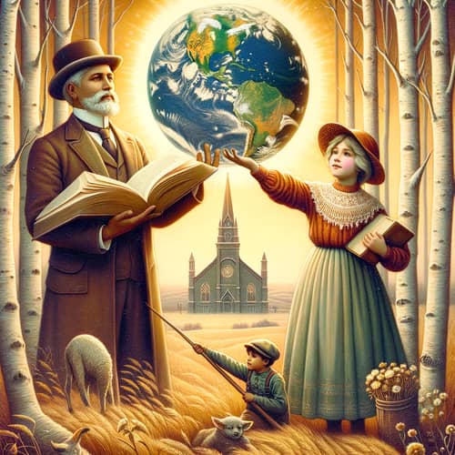 Pre-1912 Educators Holding Planet Books with Children and Burnt Church