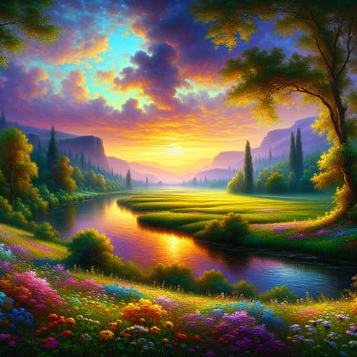 Enchanting Landscapes: Tranquil River, Rolling Hills, Vibrant Wildflowers