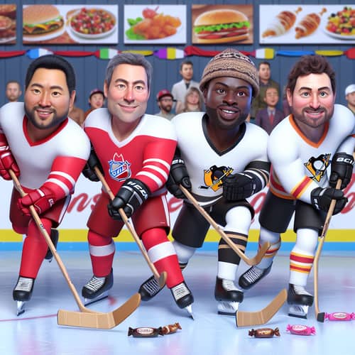 Multi-Ethnic Ice Hockey Players in Food-themed Environment