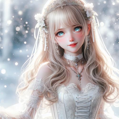 Detailed Portrait of Young Woman in Ornate White Dress
