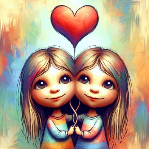 Vivid Two-Headed Little Girl Caricature with Heart