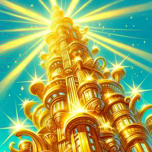 Cartoon Gold Tower: Fantasy Structure Shining in the Sunlight