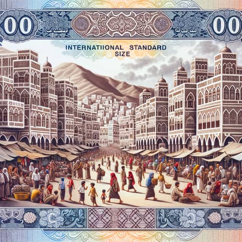 Yemen Banknotes: Front Architectural Design, Back Local Market Scene