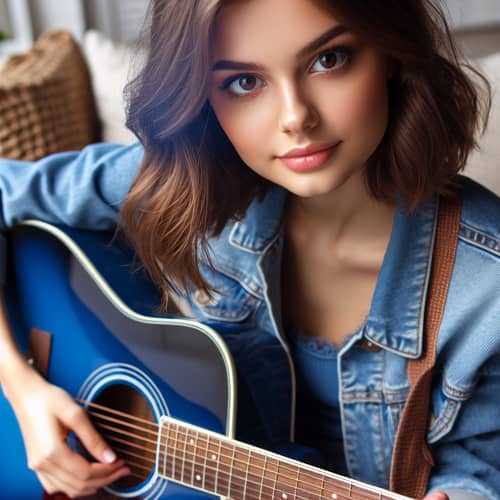 Miranda Cosgrove in Blue Jeans Jacket with Guitar