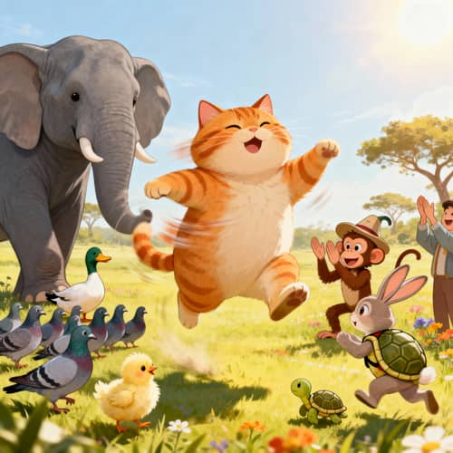 Chubby Cat's Impressive Leap: Animal Gathering Fun Chubby Cat's Impressive Leap: Animal Gathering Fun
