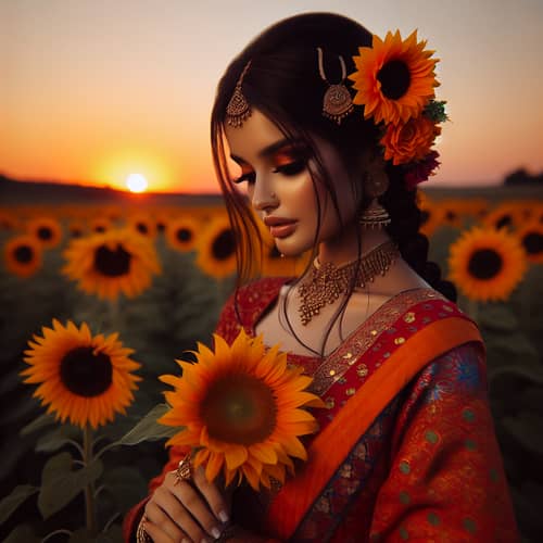Sunflower Field Portrait: South Asian Girl in Traditional Attire