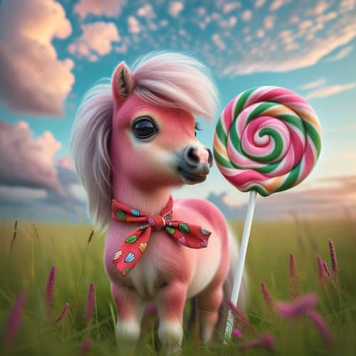 Cute Miniature Pony with Pink Coat and Giant Lollipop