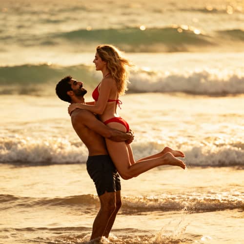 Joyful Ocean Love: Middle-Eastern Man Lifts Woman Joyful Ocean Love: Middle-Eastern Man Lifts Woman