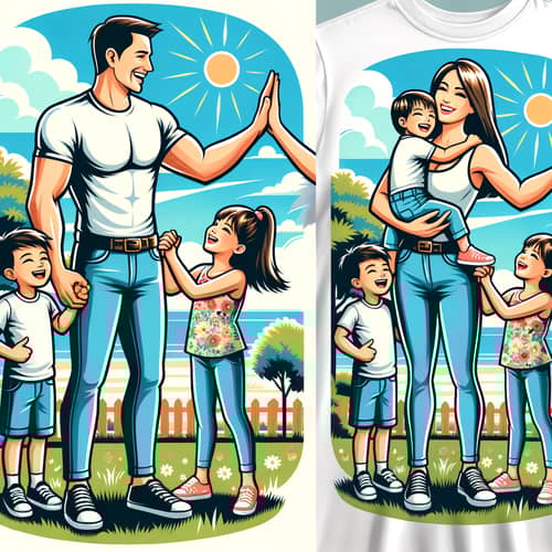 Joyful Family T-Shirt Design: Caucasian Dad and Asian Mom with Kids