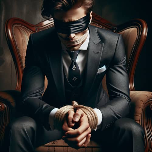 Dramatic Thriller Scene with Blindfolded Caucasian Man