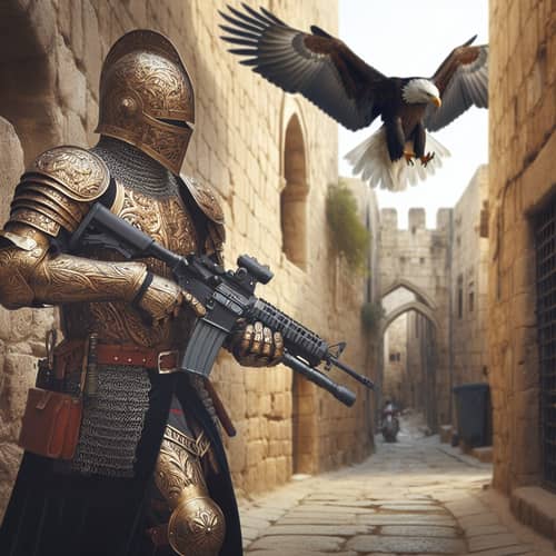 Modern Crusader in Ornate Armor Storms Jerusalem with AR-15