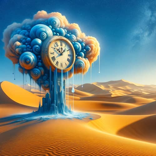 Fantastical Clock Monument in Desert with Raindrop
