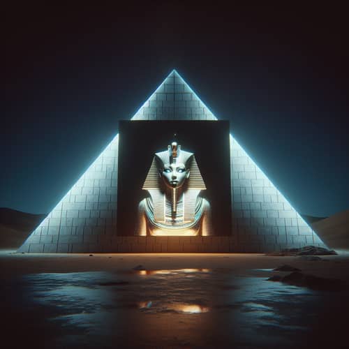 Modern Egyptian Pyramid with Glowing Priestess at Night