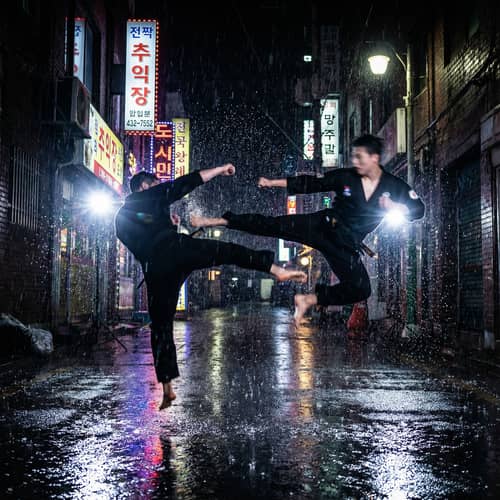 Epic Martial Arts Duel in Rain-Soaked Alley Epic Martial Arts Duel in Rain-Soaked Alley