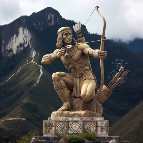 Lempira Statue on Mountain with Archery Gear | Sacred Geometry Scene