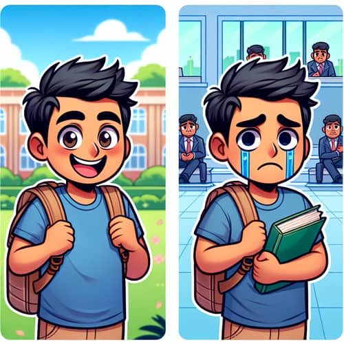 South Asian Male Student Cartoon - Happy & Sad Illustrations