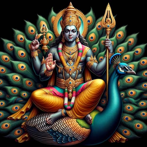 Lord Subramanya on Vibrant Peacock | Divine Spear, Blessing