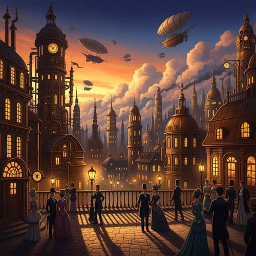 Enchanting Steampunk Cityscape at Dusk