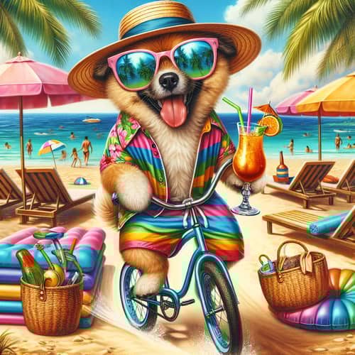 Joyful Dog in Stylish Attire Riding Cruiser Bike at Tropical Beach Resort