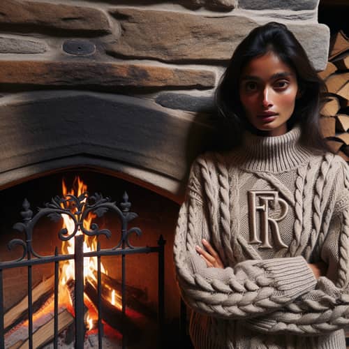 South Asian Female in 'FR' Knitted Sweater by Fireplace