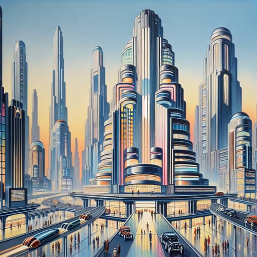 Futuristic Art Deco Cityscape Painting with Neon Lights