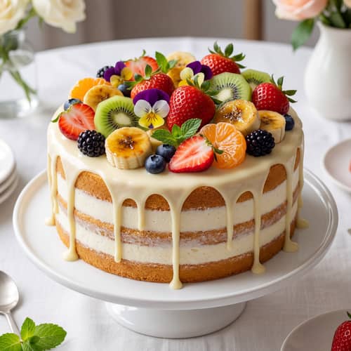 Elegant Birthday Cake with Drip Chocolate & Fruits Elegant Birthday Cake with Drip Chocolate & Fruits