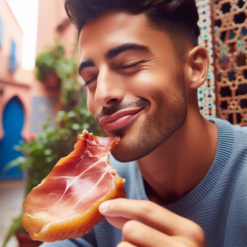 Moroccan Man Enjoying a Piece of Ham