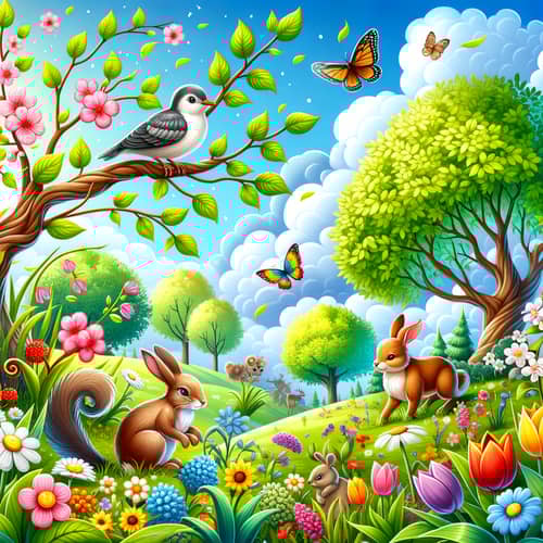 Vibrant Spring Scene: Fresh Leaves, Blooming Flowers & Animals in Nature