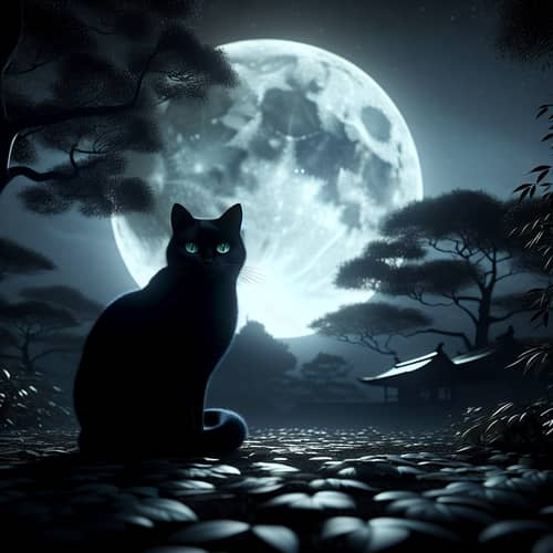 Serene Night Scene with Full Moon and Mysterious Black Cat