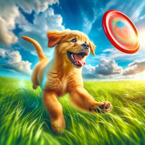 Playful Golden Retriever Puppy Romping in Verdant Field | Sunny Afternoon