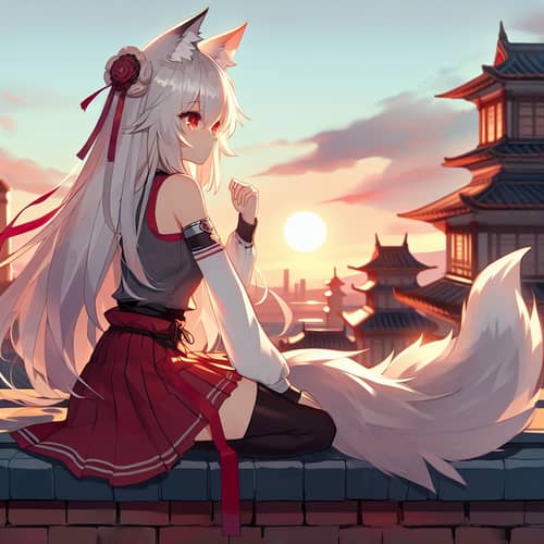 Anime Girl with White Hair and Wolf Ears Watching Sunset