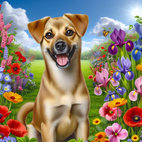 Happy Medium-Sized Dog in Lush Flower Field | Vibrant Blooms