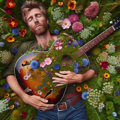 Nature Harmony | Vibrant Field Rock Musician with Guitar