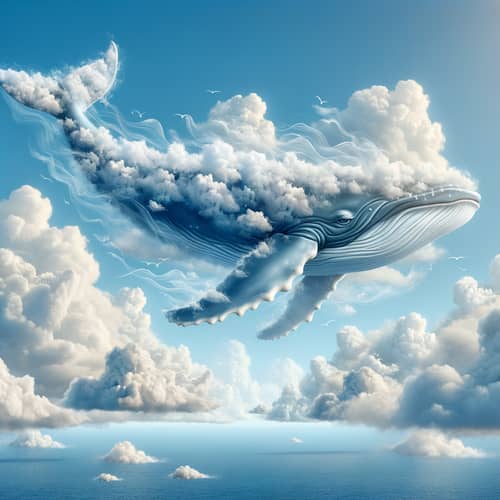 Magnificent Whale Swimming Amongst White Clouds in Blue Sky