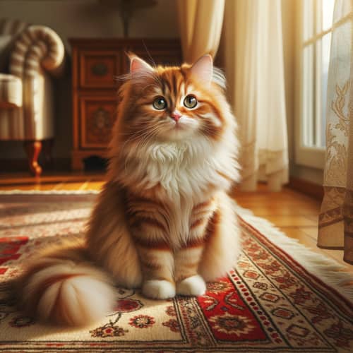 Vibrant Orange and White Fluffy Cat on Oriental Rug