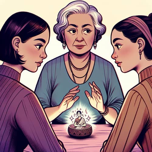 Latin American Woman Conducting Traditional Ritual with Two Teenagers Watching