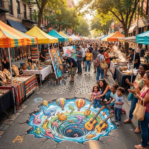 Vibrant Urban Scene: 3D Pavement Art & Local Stalls Vibrant Urban Scene: 3D Pavement Art & Local Stalls