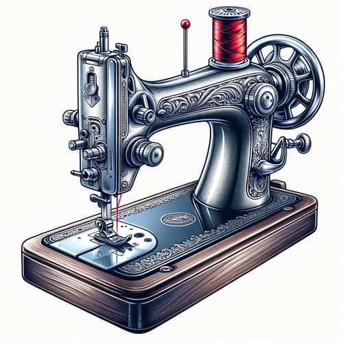 Classic Sewing Machine Illustration in Steely Silver with Vibrant Red Thread