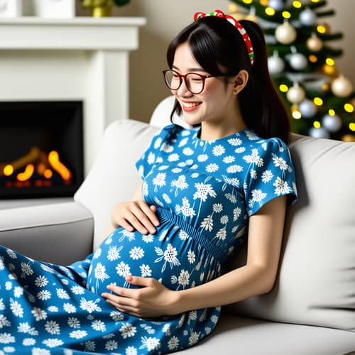 Joyful Chinese Mother-to-Be in Festive Christmas Decor