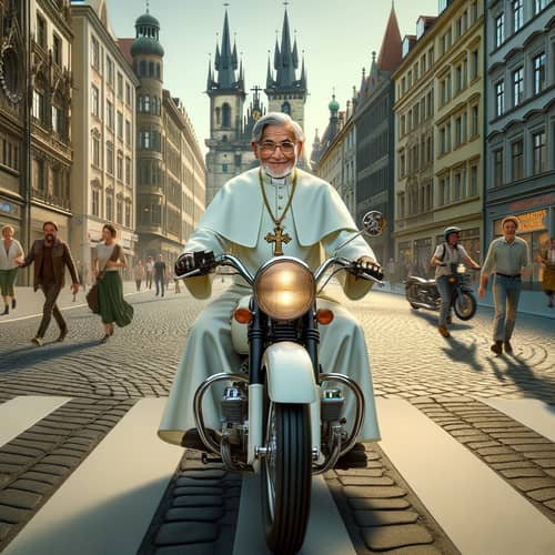 Elderly Religious Figure Riding Retro Motorcycle Through Vibrant City