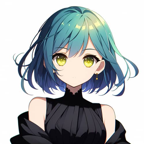 Vibrant Cyan Hair & Yellow Eyes | Elegant Black Dress