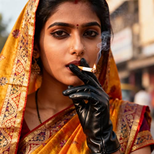 Indian Girl Smoking in Saree & Leather Gloves