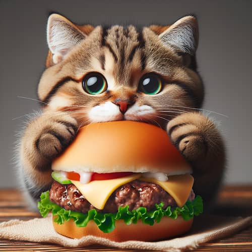 Adorable Tabby Cat Eating Hamburger