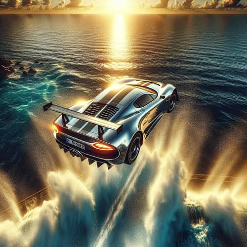 Sleek Car Leaping Into Vibrant Ocean - Unexpected Spectacle