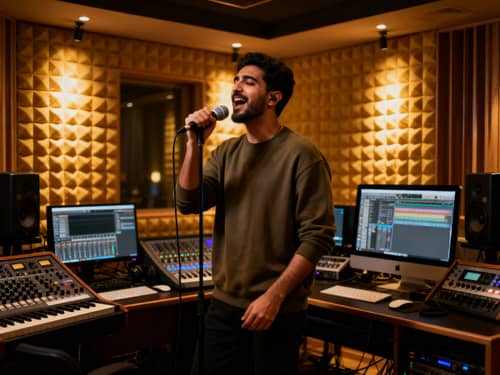 Passionate Middle-Eastern Singer in Modern Studio Passionate Middle-Eastern Singer in Modern Studio