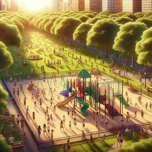 Vibrant Park & Playground: Children Playing in Lush Greenery