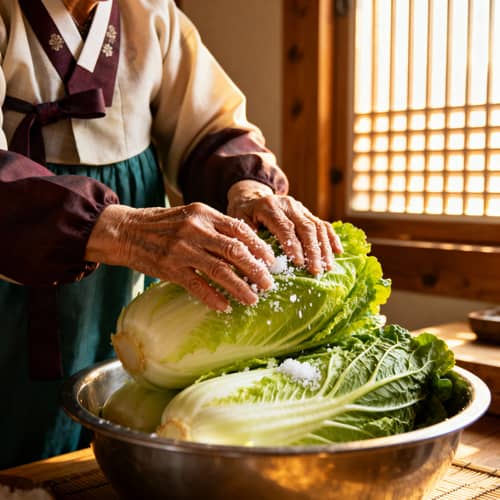 Korean Grandma Salting Napa Cabbage in Traditional Kitchen Korean Grandma Salting Napa Cabbage in Traditional Kitchen