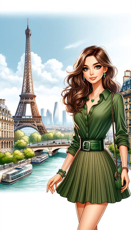 Emily in Paris: Green Shirt, Skirt & Eiffel Tower View